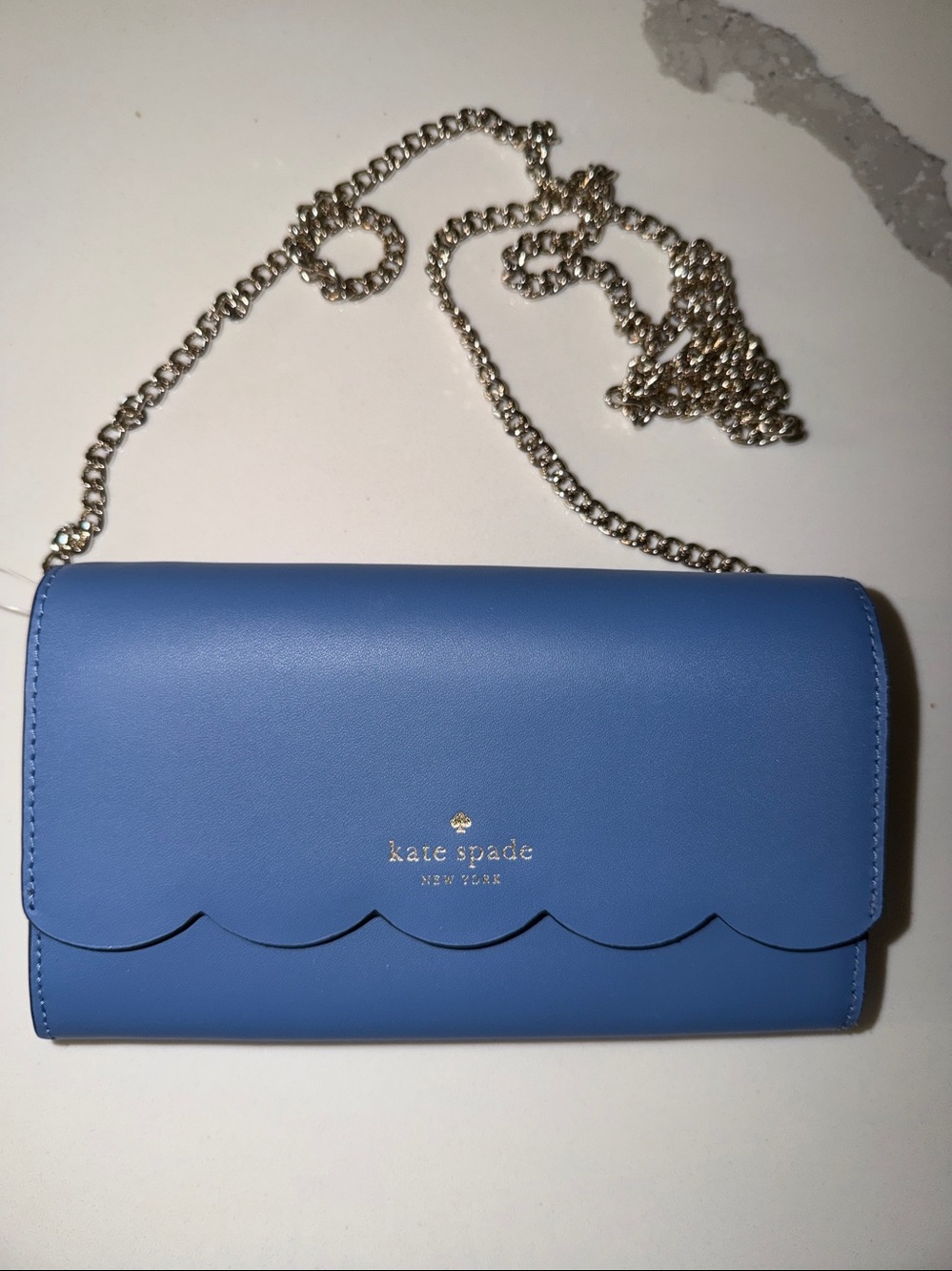 kate spade Blue Scalloped Leather Crossbody Wallet with Silver Chain